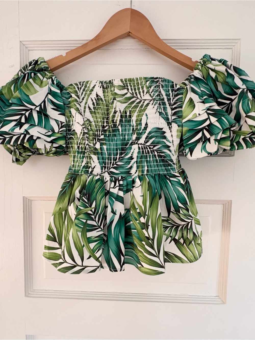 Autumn Adeigbo Marise Top Cotton Green Palm Print Sz 4 Smocked Statement Sleeves